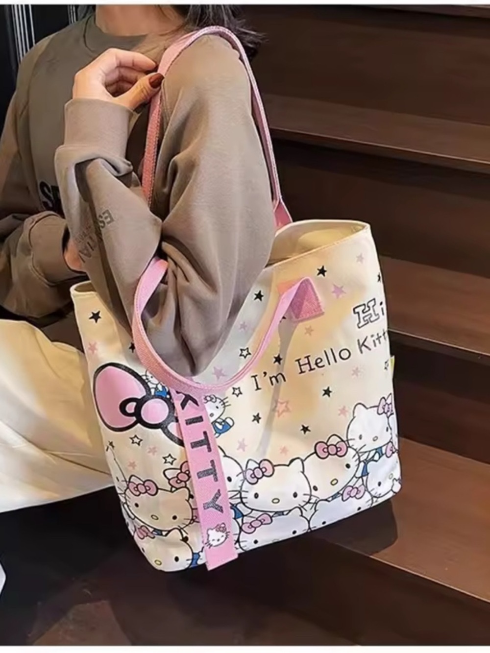 Hello Kitty Pink and White Tote Bag with Character Print - Picture 3 of 3